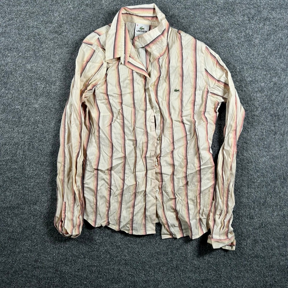 Lacoste Button Down Womens Size 38 Cream Multicolor Striped Long Sleeve Logo